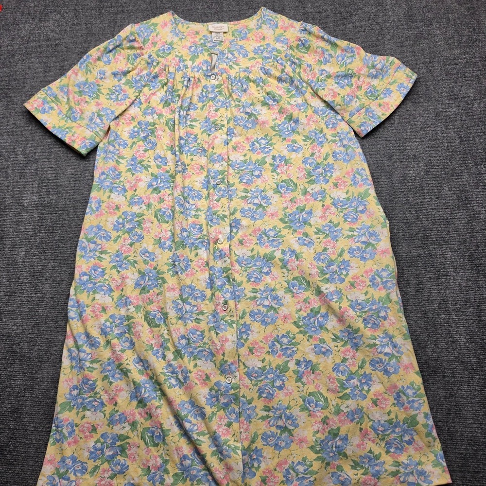 Vintage Carriage Court Floral House Dress Womens Medium Yellow Blue Lounger Robe